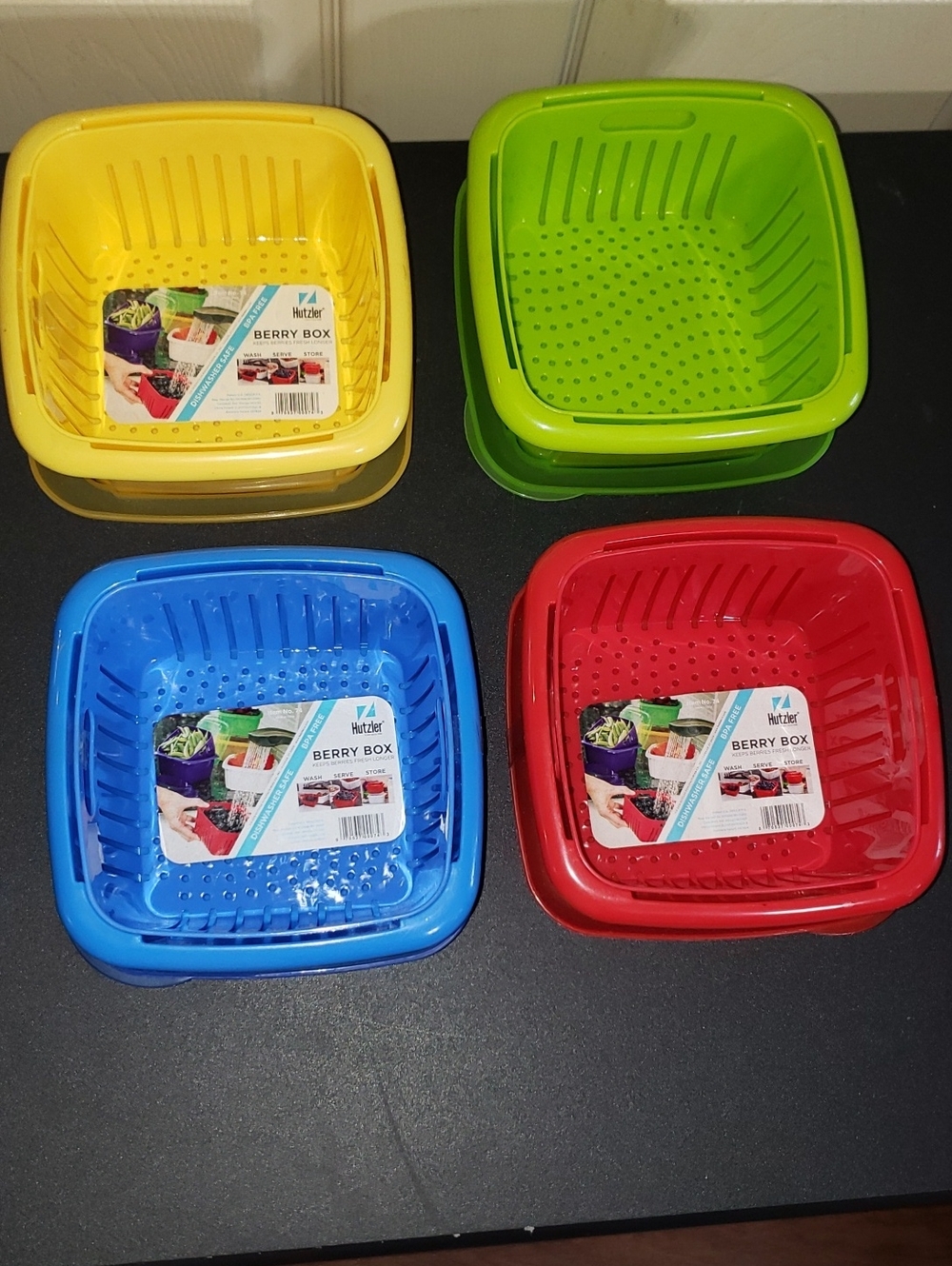 Hutzler Berry Box Set of 4 Yellow Green Blue Red Drain & Lid Stackable